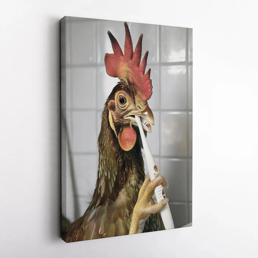 Rooster Brushing Teeth Canvas Art | Funny Animal Bathroom Wall Decor | Premium Fade-Resistant Print | Quirky Gift for Farmhouse Lovers