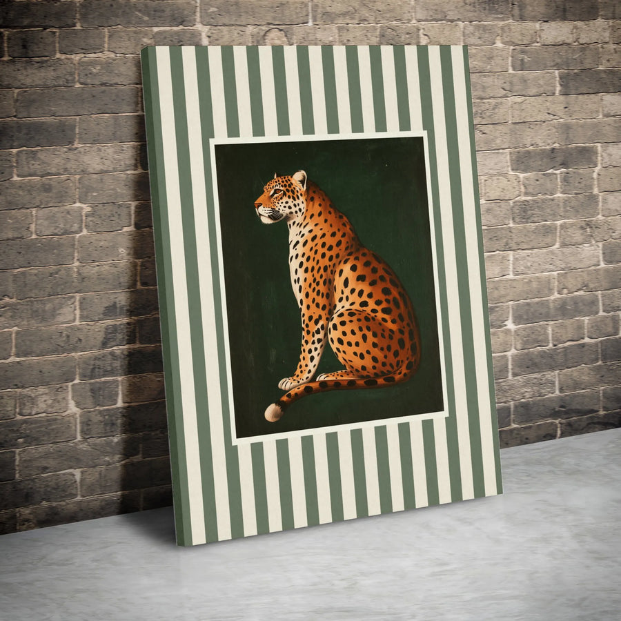 Seated Leopard Wall Art | Vintage Safari Animal Print with Green Stripes | Premium Gallery-Wrapped Canvas | Sophisticated Home Decor Gift