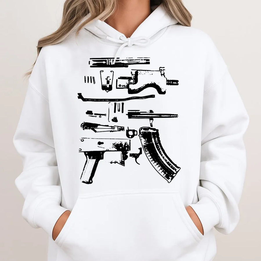 Gun Schematic Hoodie | Exploded View Rifle Blueprint | Premium Cotton Blend Pullover | Gift for Gun Enthusiast