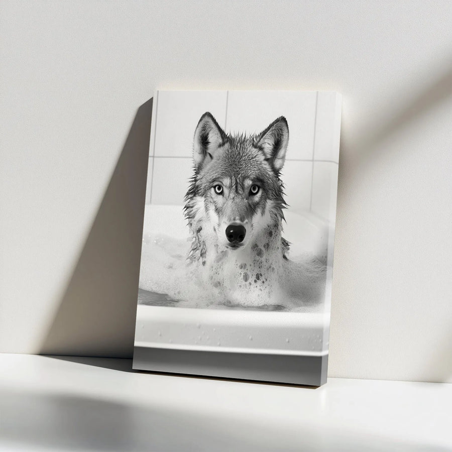 Funny Wolf in Bathtub Canvas Wall Art | Black and White Animal Photography | Premium 1.25" Thick Gallery Print | Unique Bathroom Decor Gift for Wolf Lover