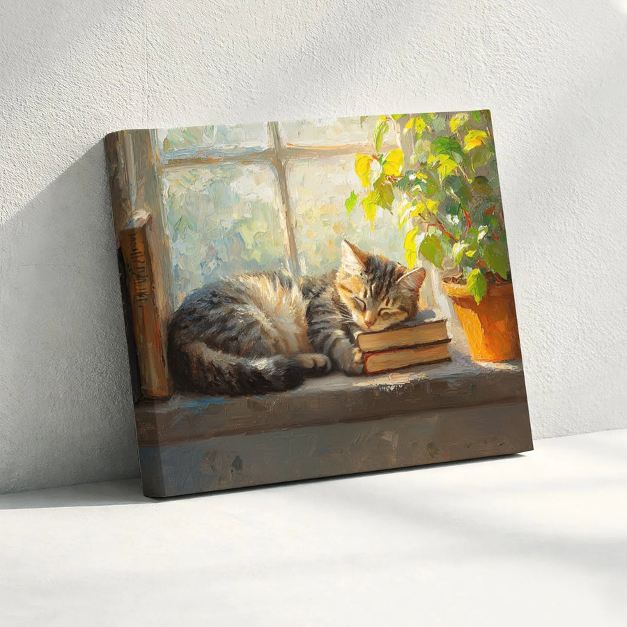 Sleeping Tabby Cat Canvas Print | Impressionist Bookshelf Wall Art | Premium Gallery-Wrapped 1.25" Profile | Cozy Home Office Decor Gift