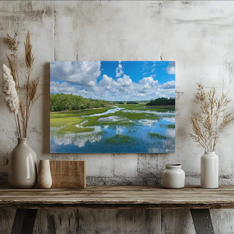 Marshland River Canvas Wall Art | Coastal Landscape Reflection Print | Premium 1.25" Gallery Wrap | Nature Home Decor for Living Room