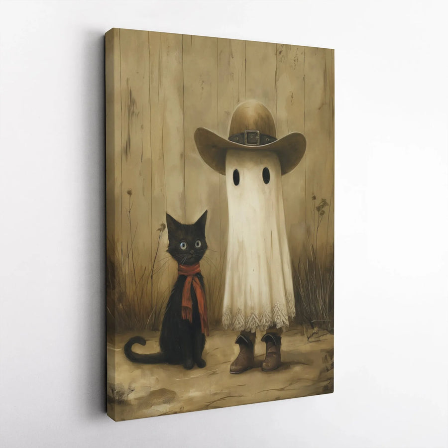 Cowboy Ghost And Black Cat Canvas Wall Art | Whimsical Western Spooky Decor | Premium Gallery Wrap Print | Halloween Gift For Cat Lovers