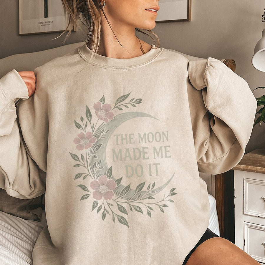 The Moon Made Me Do It Sweatshirt | Mystical Celestial Floral Graphic | Premium Cotton Blend Crewneck | Witchy Astrology Gift for Women