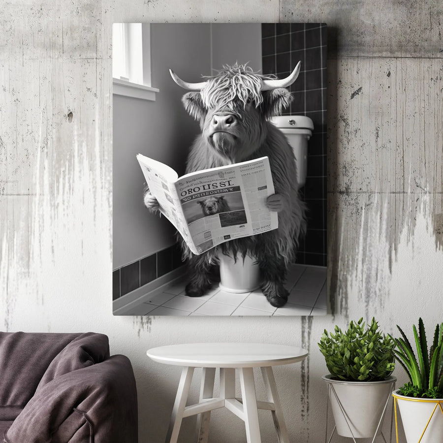 Highland Cow Bathroom Wall Art | Funny Toilet Reading Newspaper Print | Premium Gallery Canvas | Quirky Farmhouse Home Decor Gift