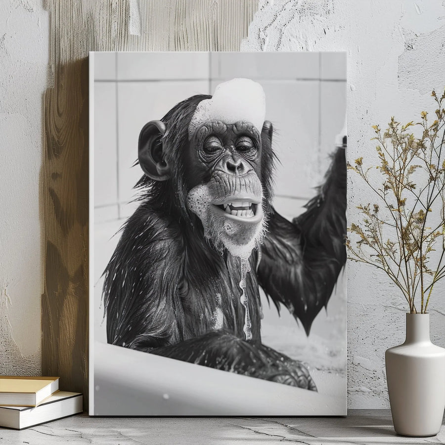 Funny Chimpanzee Canvas Wall Art | Bubble Bath Monkey Photography | Premium Gallery Wrap Print | Whimsical Bathroom Home Decor