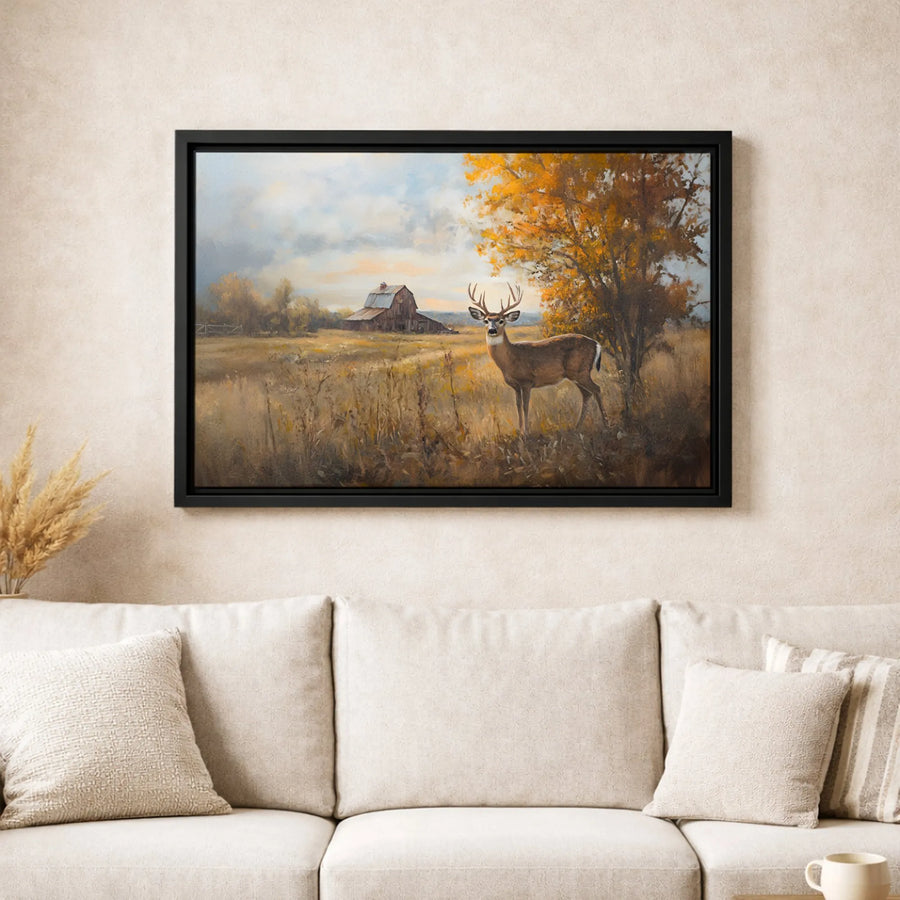 Autumn Deer Canvas Wall Art | Rustic Barn Country Landscape Print | Premium Fade-Resistant Gallery Wrap | Wildlife Home Decor Gift for Hunters