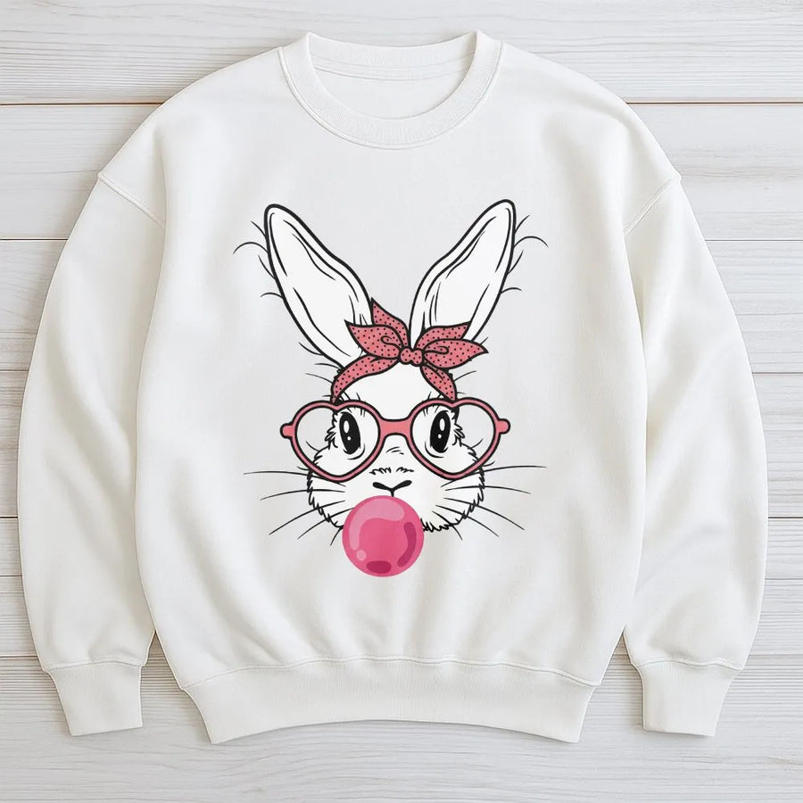 Easter Bunny Sweatshirt | Bubble Gum Cute Rabbit With Heart Glasses | Premium Cotton Blend Crewneck | Fun Spring Holiday Gift For Women And Kids