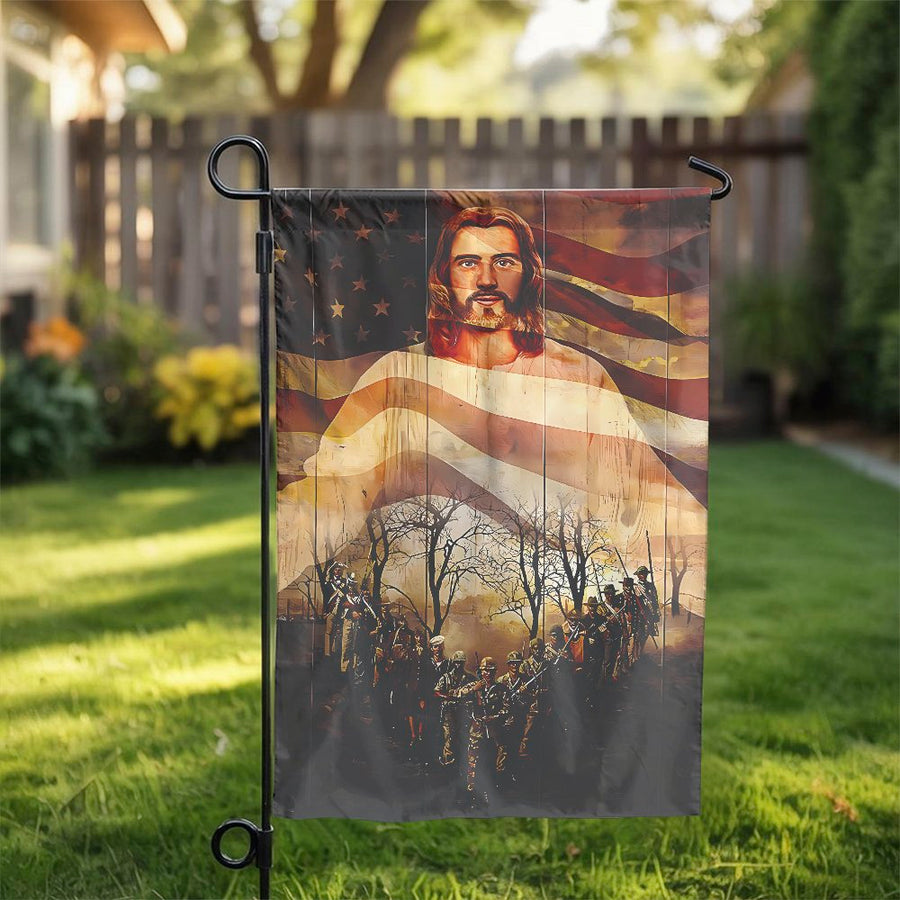 Jesus and American Soldier Garden Flag | Patriotic Religious Yard Decor | Premium Weather-Resistant Polyester | Memorial Day Gift for Veterans