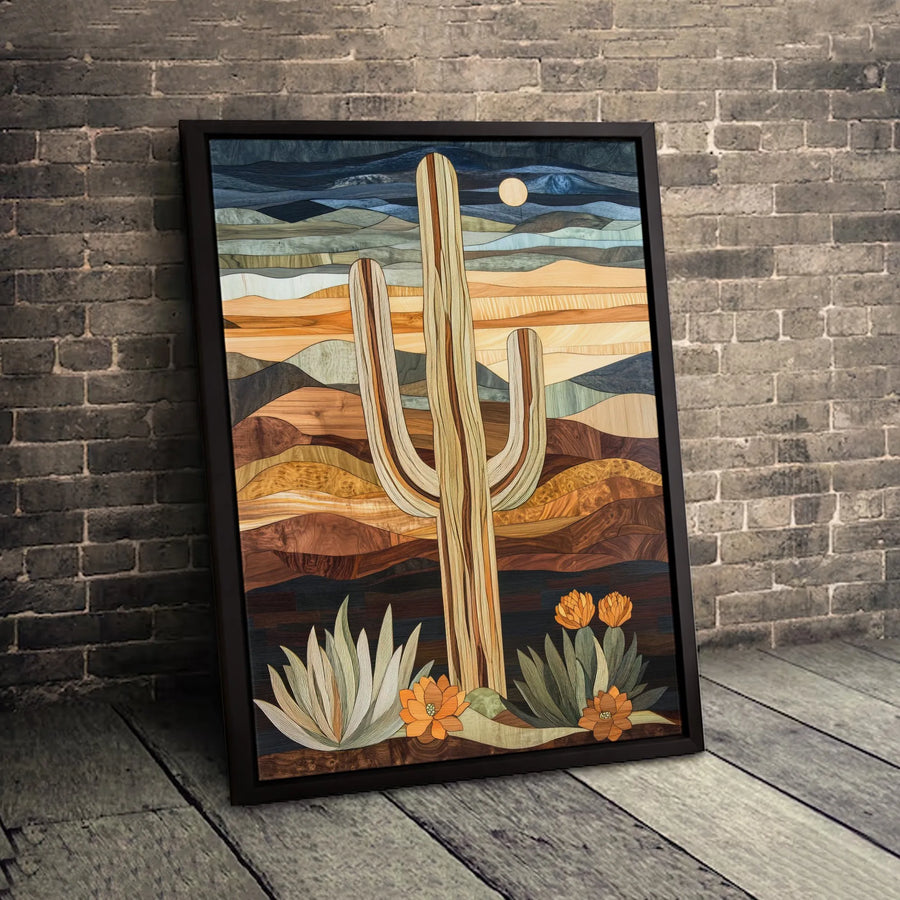 Saguaro Cactus Desert Wall Art | Southwestern Wood Inlay Aesthetic Canvas | Premium Gallery-Wrapped Print | Modern Home & Office Decor Gift
