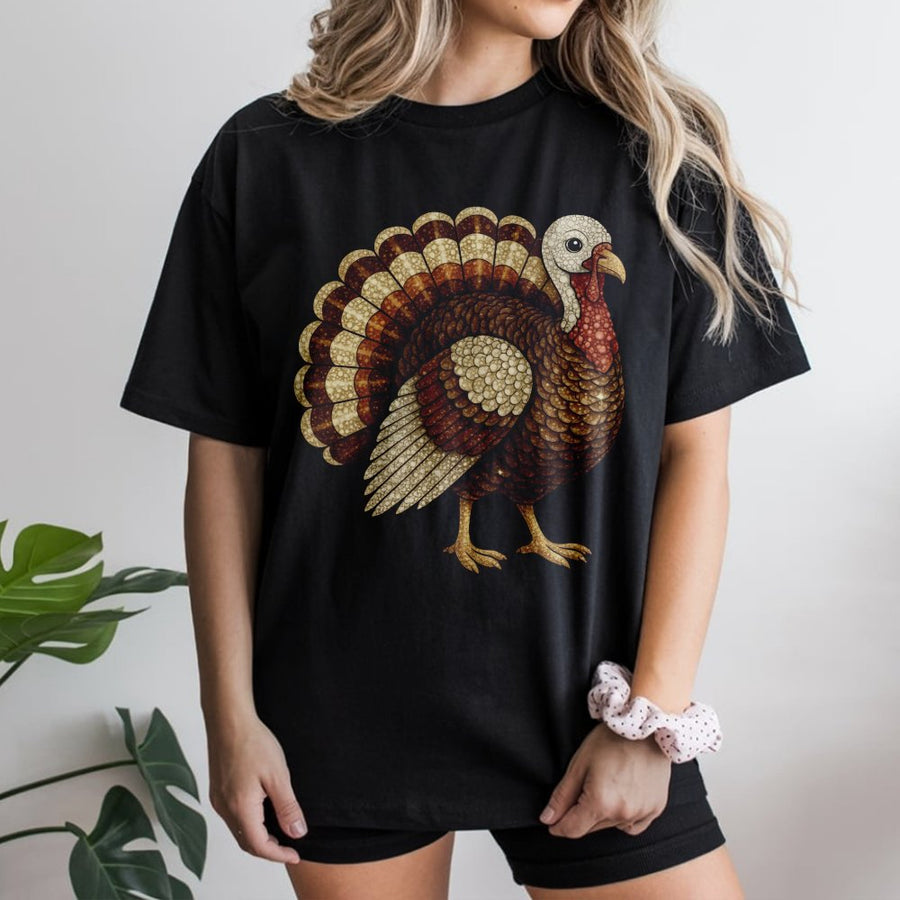 Thanksgiving Turkey T-Shirt | Artistic Faux Rhinestone Graphic Design | Premium Soft Cotton Tee | Cute Fall Harvest Gift for Women & Family
