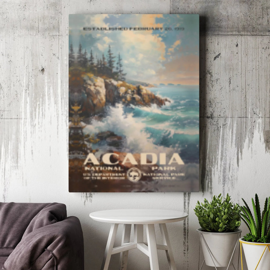 Acadia National Park Canvas Art | Vintage Style Maine Travel Poster | Gallery Wrap Wall Decor | Premium National Park Gift for Travelers
