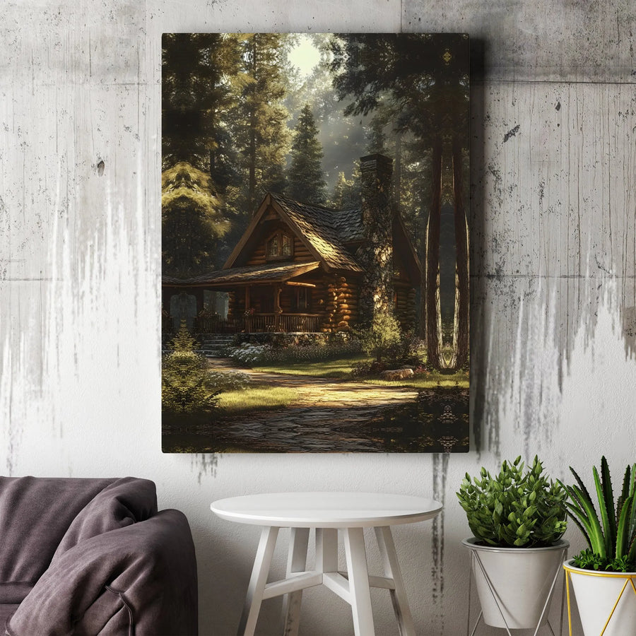 Log Cabin Canvas Wall Art | Rustic Forest Retreat Painting with Sunlit Woods | Premium Gallery Wrap Canvas | Cabin Decor Gift for Nature Lovers
