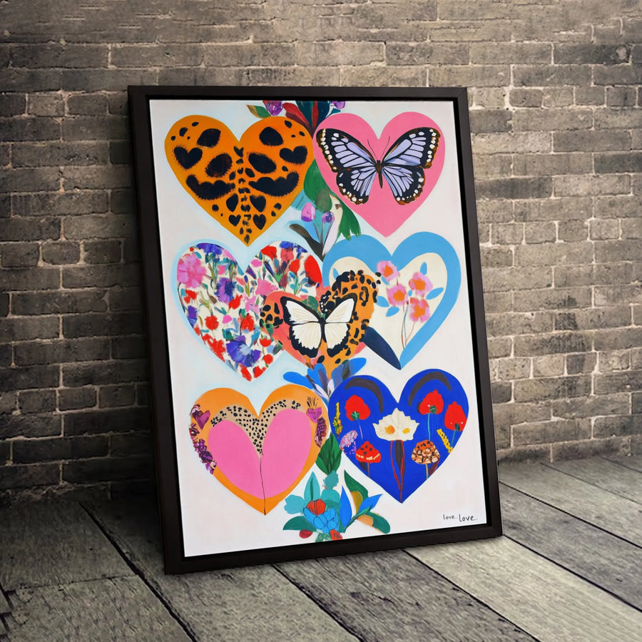 Colorful Heart Canvas Wall Art | Butterfly and Floral Collage Print | 1.25-Inch Gallery-Wrapped | Modern Home Decor Gift