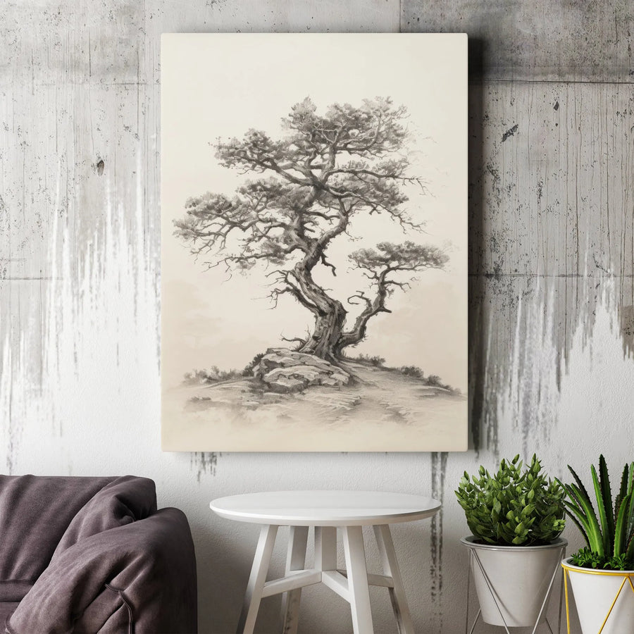 Gnarled Old Tree Canvas Print | Vintage Pencil Sketch Forest Wall Art | Premium Gallery Wrapped | Nature Lover Home Decor Gift