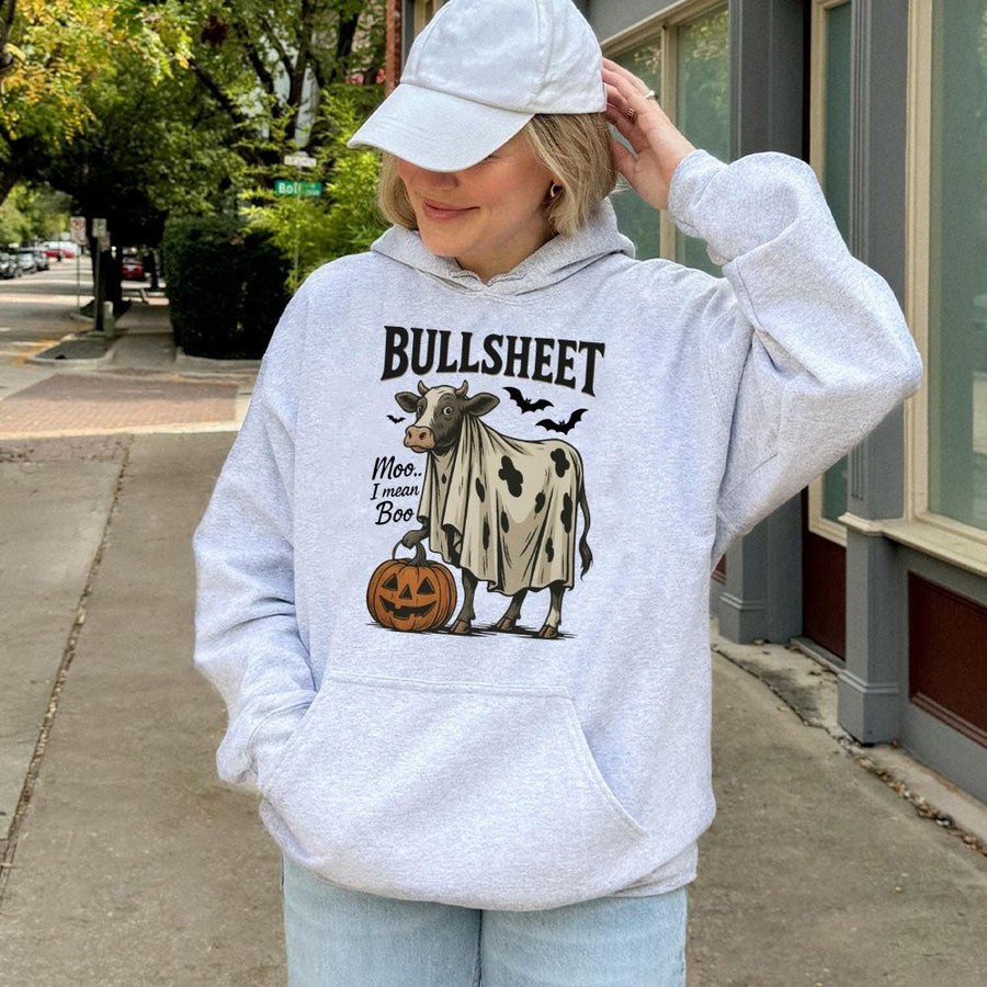Bullsheet Halloween Hoodie | Funny Cow Ghost Pumpkin Design | Premium Cotton Blend Sweatshirt | Cute Spooky Season Gift for Men and Women