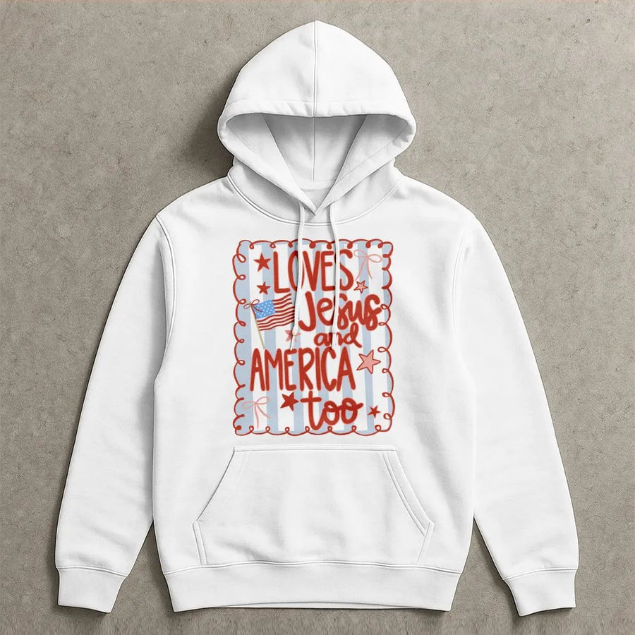 Loves Jesus And America Too Hoodie | Patriotic Coquette Bow Graphic | Premium Cotton Blend | Christian Faith 4th Of July Gift For Women