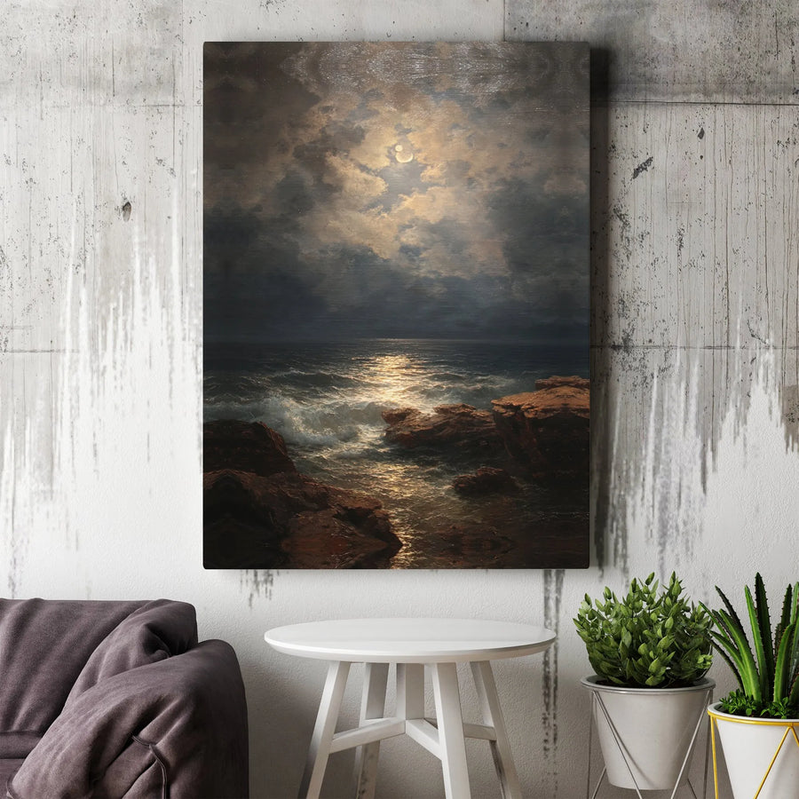 Moonlit Stormy Sea Canvas Wall Art | Dramatic Nautical Night Landscape | Gallery-Quality Fade-Resistant Print | Moody Coastal Home Decor Gift