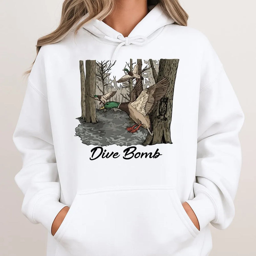 Dive Bomb Duck Hunting Hoodie | Funny Waterfowl Graphic Pullover | Premium Cotton Blend | Gift for Hunter and Outdoorsman