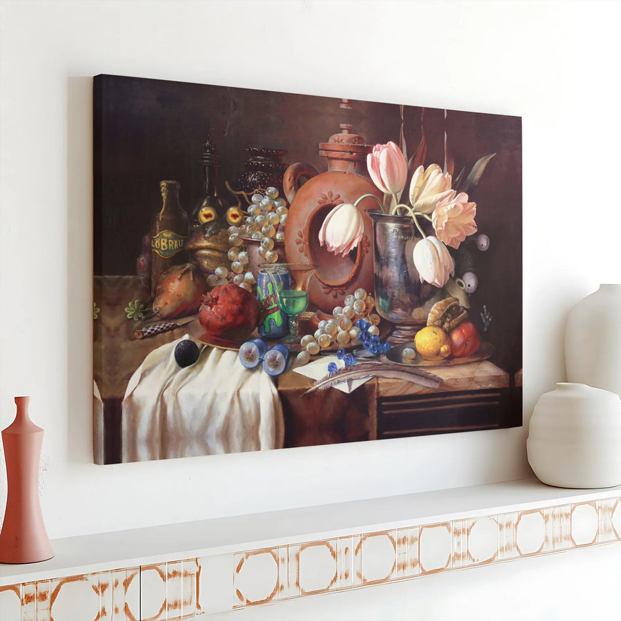 Still Life Oil Painting Print | Tulip and Fruit Arrangement | Premium Gallery Wrapped Canvas | Fine Art for Home and Office Decor