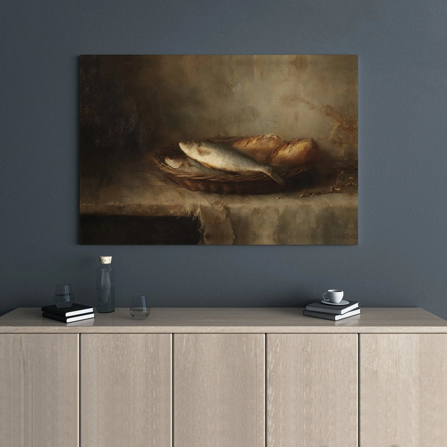 Still Life Oil Painting Canvas | Vintage Fish and Bread Kitchen Wall Art | Premium Gallery Wrapped Print | Rustic Farmhouse Home Decor Gift