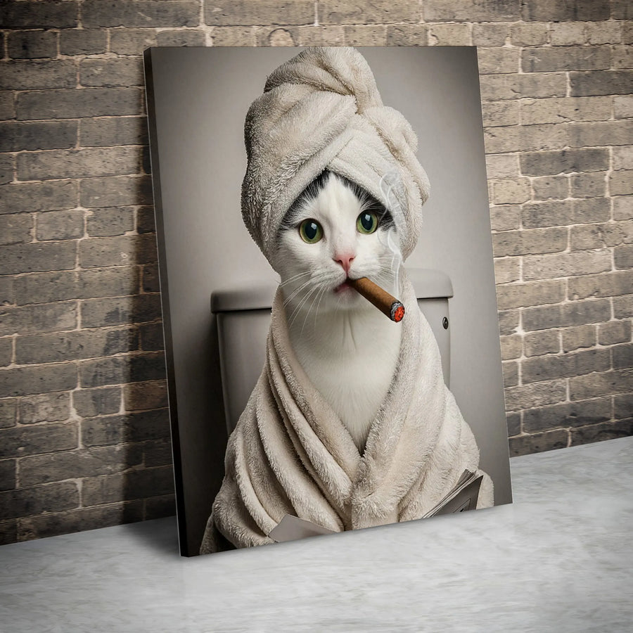 Cat Smoking Cigar on Toilet Wall Art | Funny Bathroom Decor | Premium Fade-Resistant Canvas | Unique Humor Gift for Cat Lovers