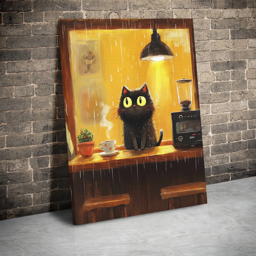 Black Cat Coffee Shop Canvas | Rainy Day Cafe Illustration | 1.25 Inch Gallery Wrap Premium Wall Art | Cozy Kitchen Decor Gift for Cat Lovers