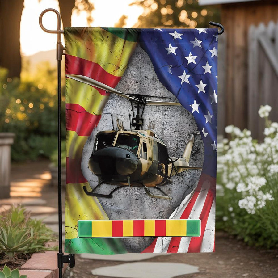 Huey Helicopter Vietnam Veteran Garden Flag | US Flag Patriotic Tribute | Premium Double-Sided Polyester | Memorial Day Gift for Veterans