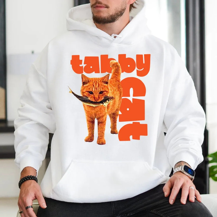 Tabby Cat Hoodie | Funny Orange Kitten Eating Fish Graphic | Premium Cotton Blend Sweatshirt | Unique Animal Lover Gift for Cat Mom