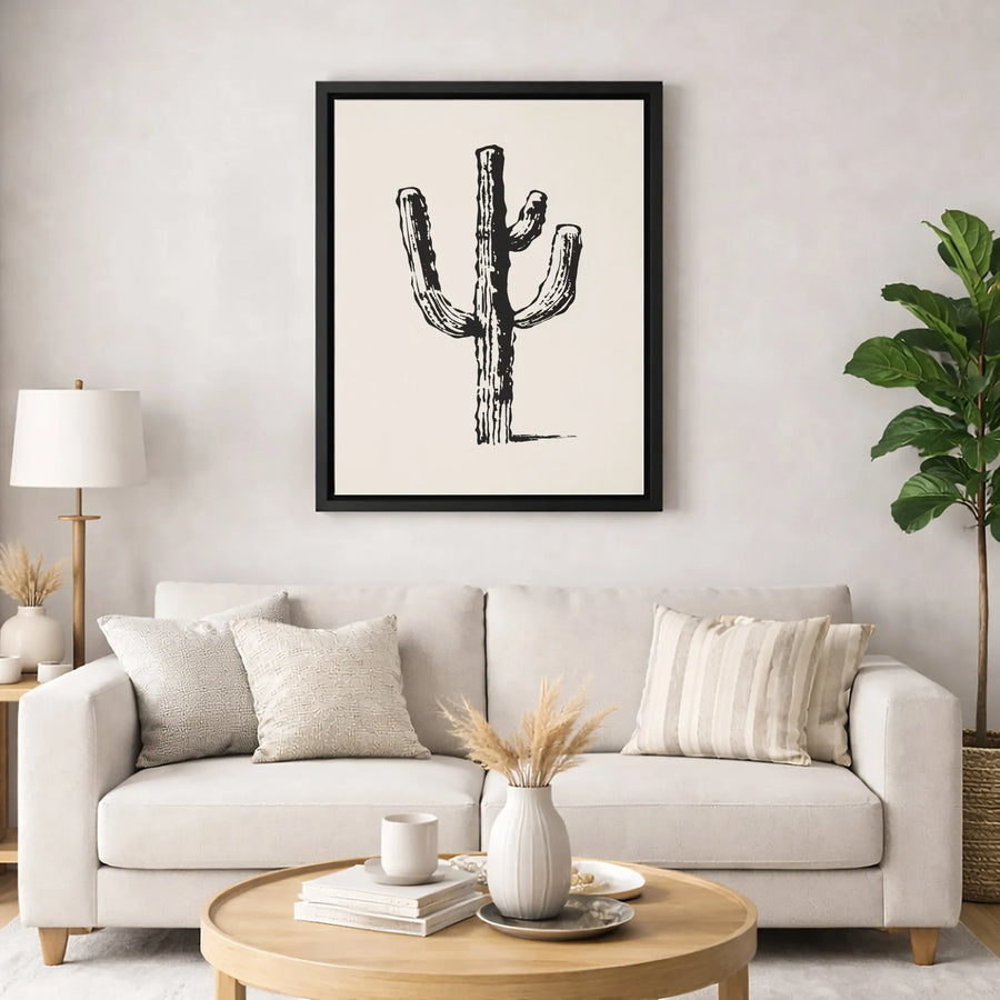 Saguaro Cactus Wall Art | Minimalist Black Ink Brush Stroke Print | Premium Gallery Wrap Canvas | Southwestern Desert Home Decor