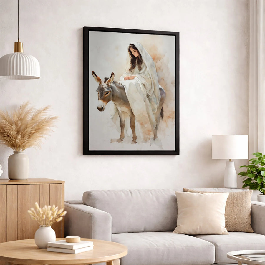 Virgin Mary on Donkey Canvas Wall Art | Watercolor Religious Painting | Premium Fade-Resistant Print | Catholic Home Decor Gift for Christmas