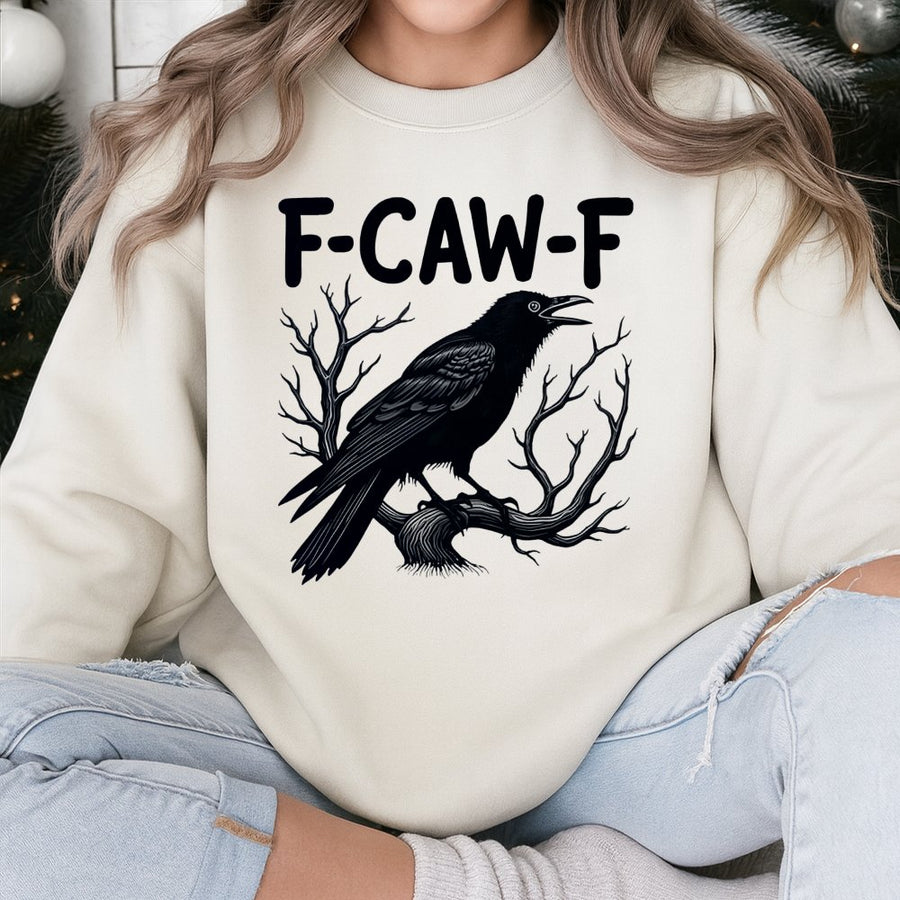 F-CAW-F Raven Sweatshirt | Funny Crow Pun Graphic Design | Premium Cotton Blend Crewneck | Gothic Nature Lover Gift for Him and Her