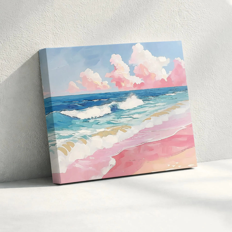 Pink Sand Beach Canvas Wall Art | Aesthetic Ocean Painting Print | Premium Gallery Wrapped Canvas | Coastal Bedroom Decor Gift