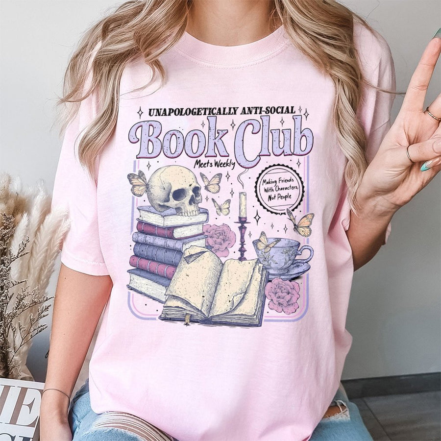 Anti-Social Book Club T-Shirt | Dark Academia Skull and Butterfly Graphic | 100% Cotton Premium Tee | Gift for Introverted Readers and Book Lovers
