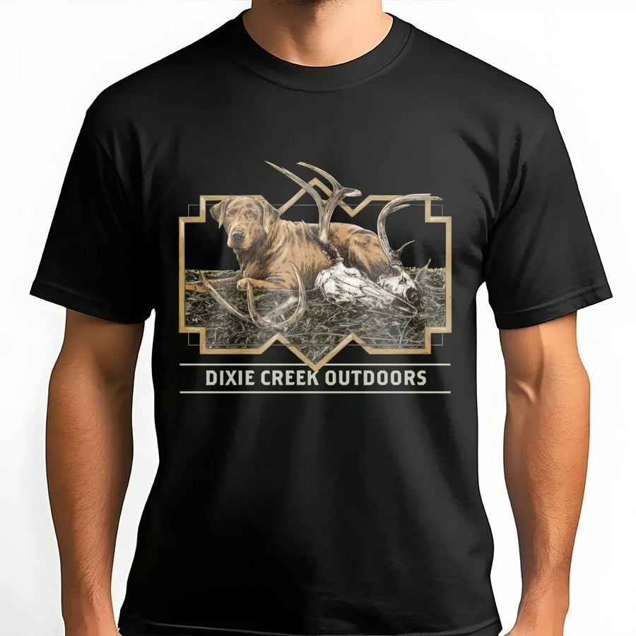 Hunting Dog T-Shirt | Rustic Labrador Deer Antlers Graphic | Premium Cotton Wildlife Apparel | Gift for Hunter and Outdoorsman