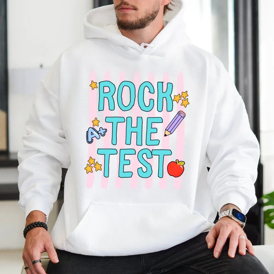 Rock The Test Shirt | Teacher Testing Day Graphic Tee | Soft Cotton Unisex Top | Motivational Gift for Students & Educators