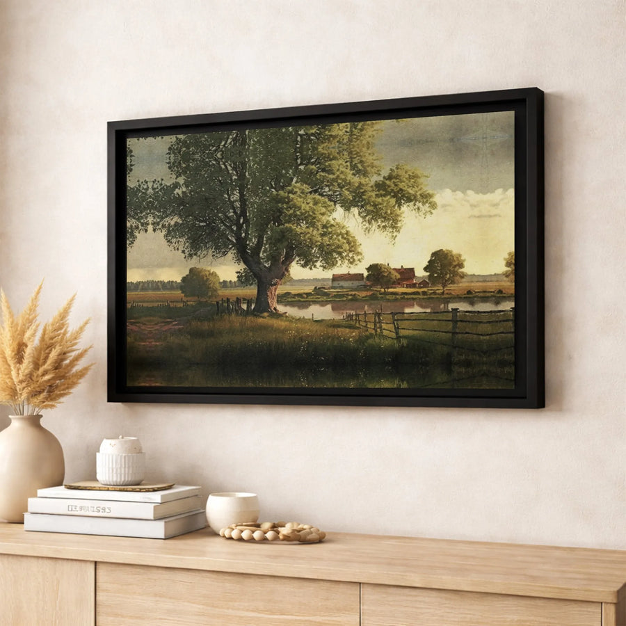 Vintage Farmhouse Landscape Canvas Art | Countryside Pond and Oak Tree Scene | 1.25 Inch Premium Gallery Profile | Rustic Home Decor Wall Print