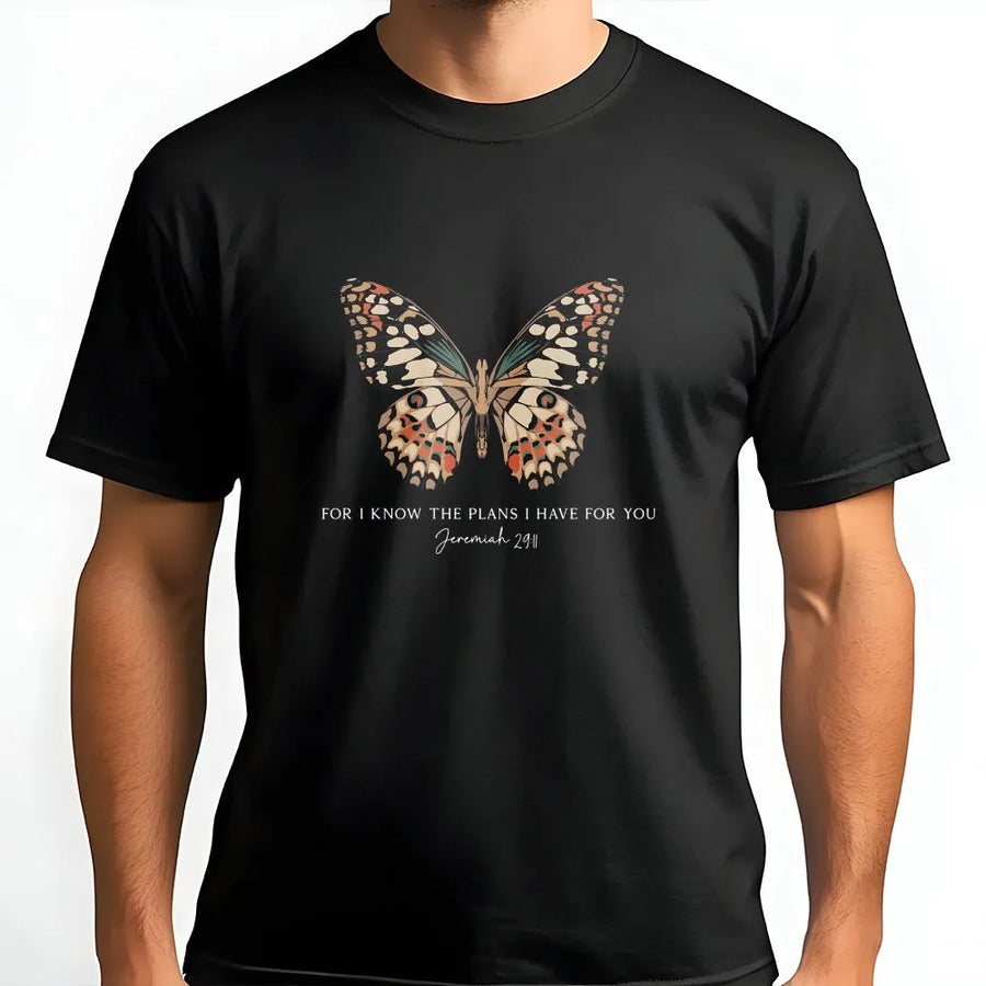 Christian Butterfly T-Shirt | Jeremiah 29:11 Bible Verse Art | Soft Cotton Blend Pullover | Inspirational Faith Based Gift for Women
