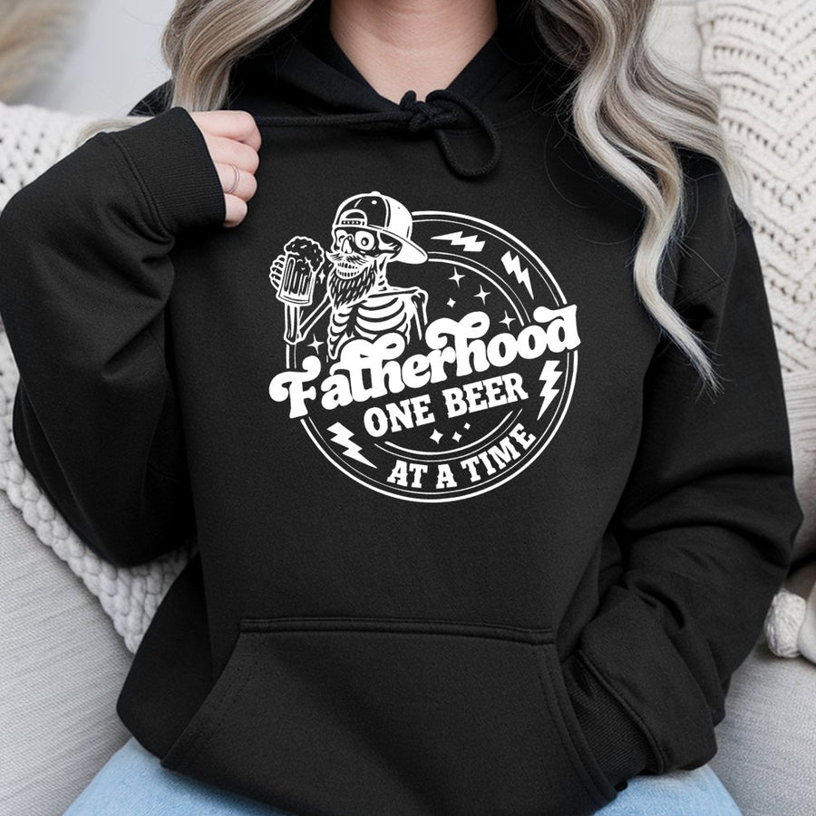 Fatherhood One Beer At A Time Hoodie | Funny Dad Slogan Graphic | Premium Cotton Blend | Best Father's Day 2026 Gift Idea For New Dads Or Uncle