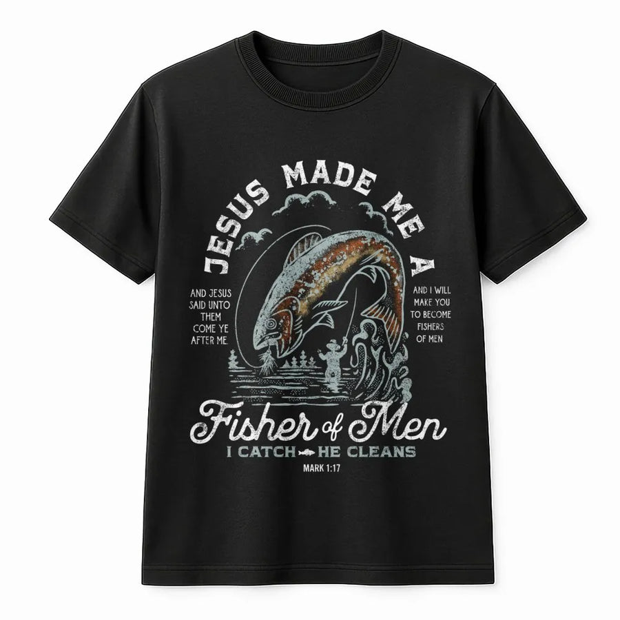 Fisher of Men T-Shirt | Jesus Fishing Graphic Bible Verse Mark 1:17 | 100% Soft Cotton | Inspirational Christian Gift for Fishermen & Outdoor Lovers