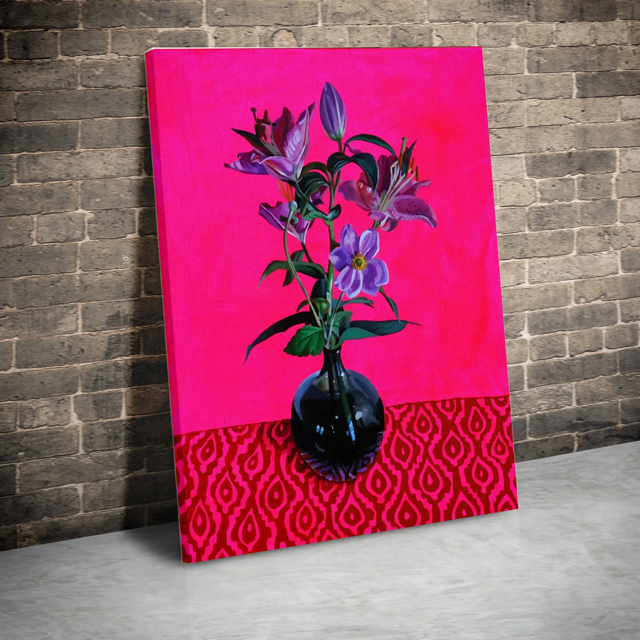 Pink Lily Canvas Wall Art | Vibrant Floral Still Life with Ikat Pattern | Premium Gallery Wrapped Canvas | Modern Eclectic Home Decor Gift