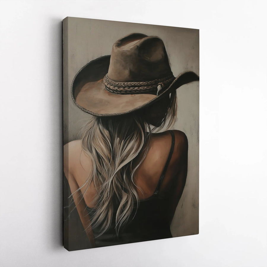 Western Cowgirl Vertical Canvas | Blonde Woman in Cowboy Hat Art | Premium Frameless Print | Modern Farmhouse & Rustic Home Decor Gift