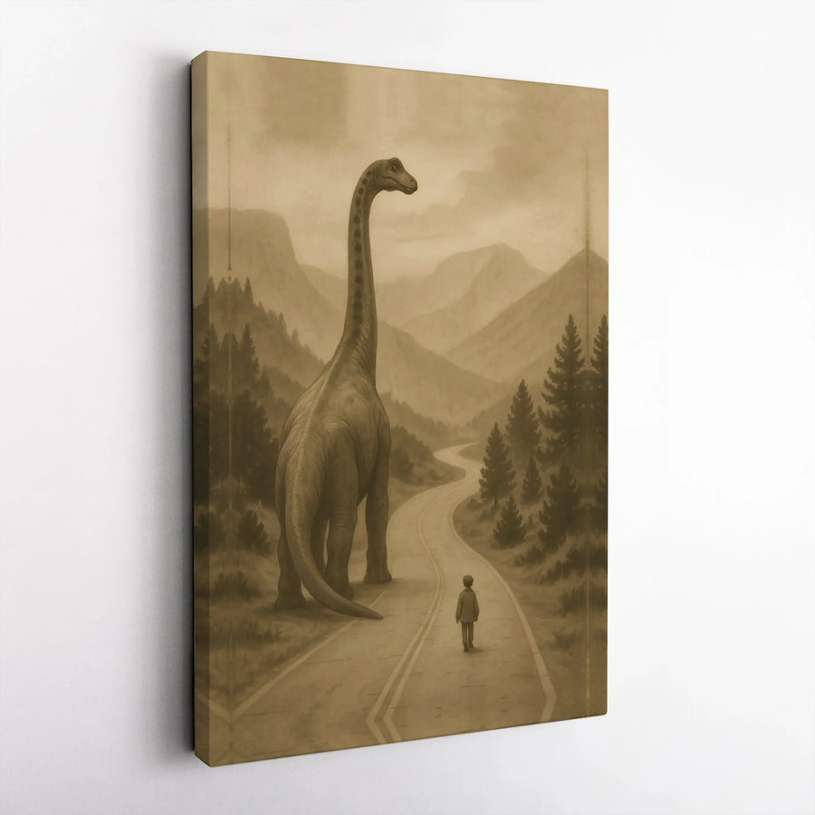 Dinosaur Wall Art | Surreal Boy and Brachiosaurus Landscape | Premium Gallery-Wrapped Canvas | Unique Nursery or Office Decor Gift