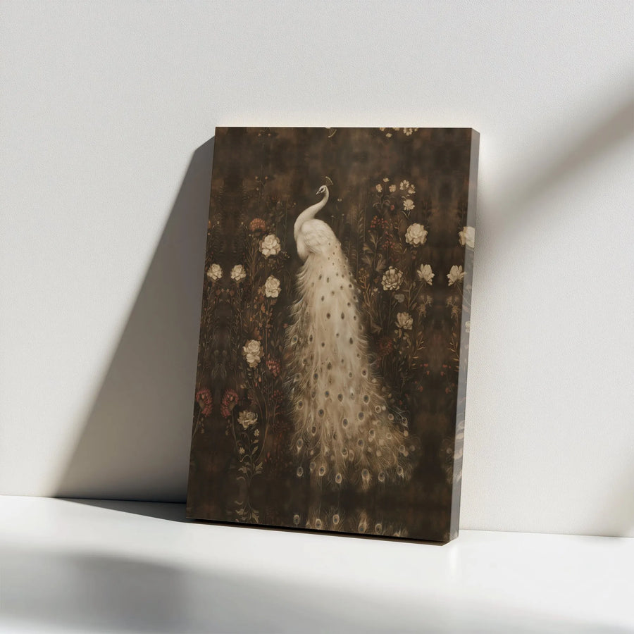 White Peacock Canvas Wall Art | Vintage Floral Dark Academia Print | Premium Stretched Canvas | Gothic Botanical Decor Gift