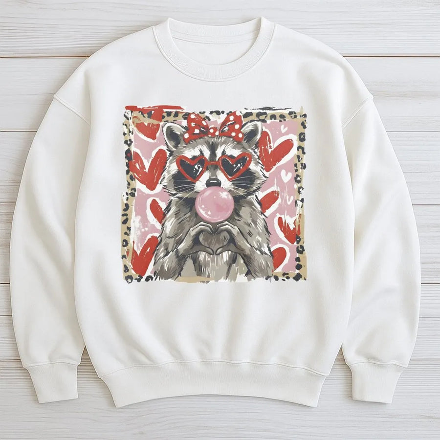 Valentine Raccoon Sweatshirt | Heart Sunglasses Bubblegum Leopard Print | Soft Cotton-Blend Graphic Pullover | Cute Aesthetic Gift for Her
