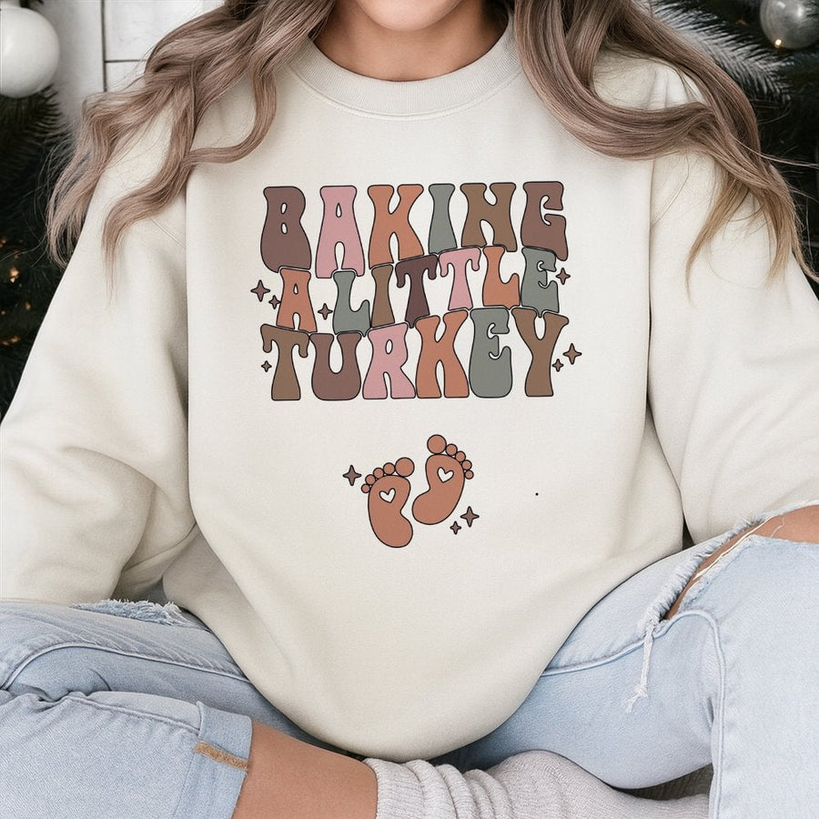 Baking A Little Turkey Sweatshirt | Retro Thanksgiving Pregnancy Announcement | Soft Cotton Blend | Fall Baby Reveal Gift For Mom