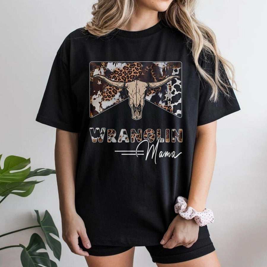 Wranglin Mama T-Shirt | Rustic Western Cow Skull & Leopard Print | Premium Soft Cotton Blend | Country Cowgirl Gift for Women