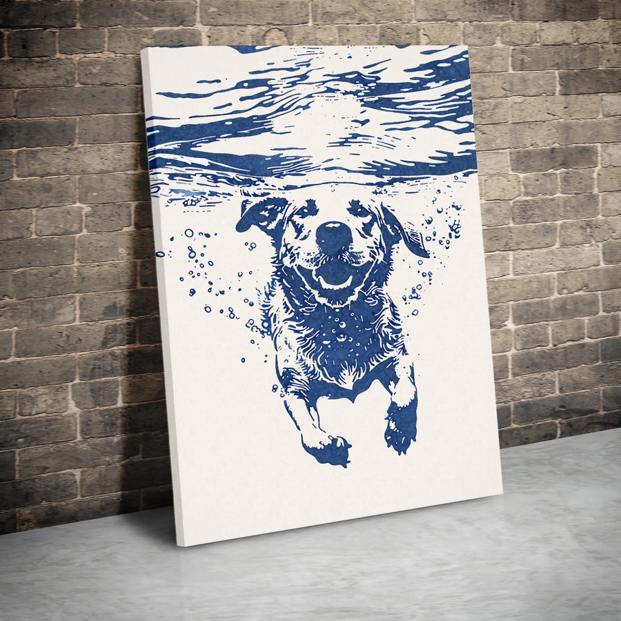 Dog Underwater Canvas Wall Art | Blue Block Print Style Portrait | Premium Gallery-Wrapped Gallery Quality | Animal Lover Home Decor Gift