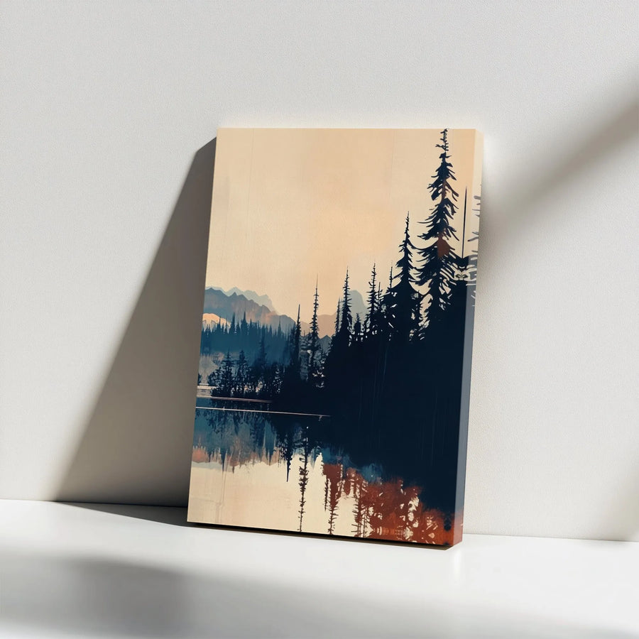 Mountain Forest Canvas Wall Art | Modern Pine Tree Silhouette with Lake Reflection | Premium Stretched Canvas | Rustic Cabin & Living Room Decor