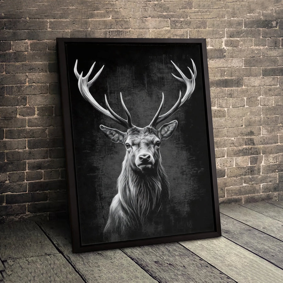 Majestic Stag Canvas Wall Art | Monochrome Deer Portrait | 1.25 Inch Premium Gallery Profile | Rustic Cabin Home Decor Gift